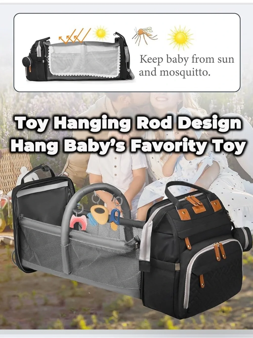 Stylish Black Baby Bag Backpack with Brown Trim